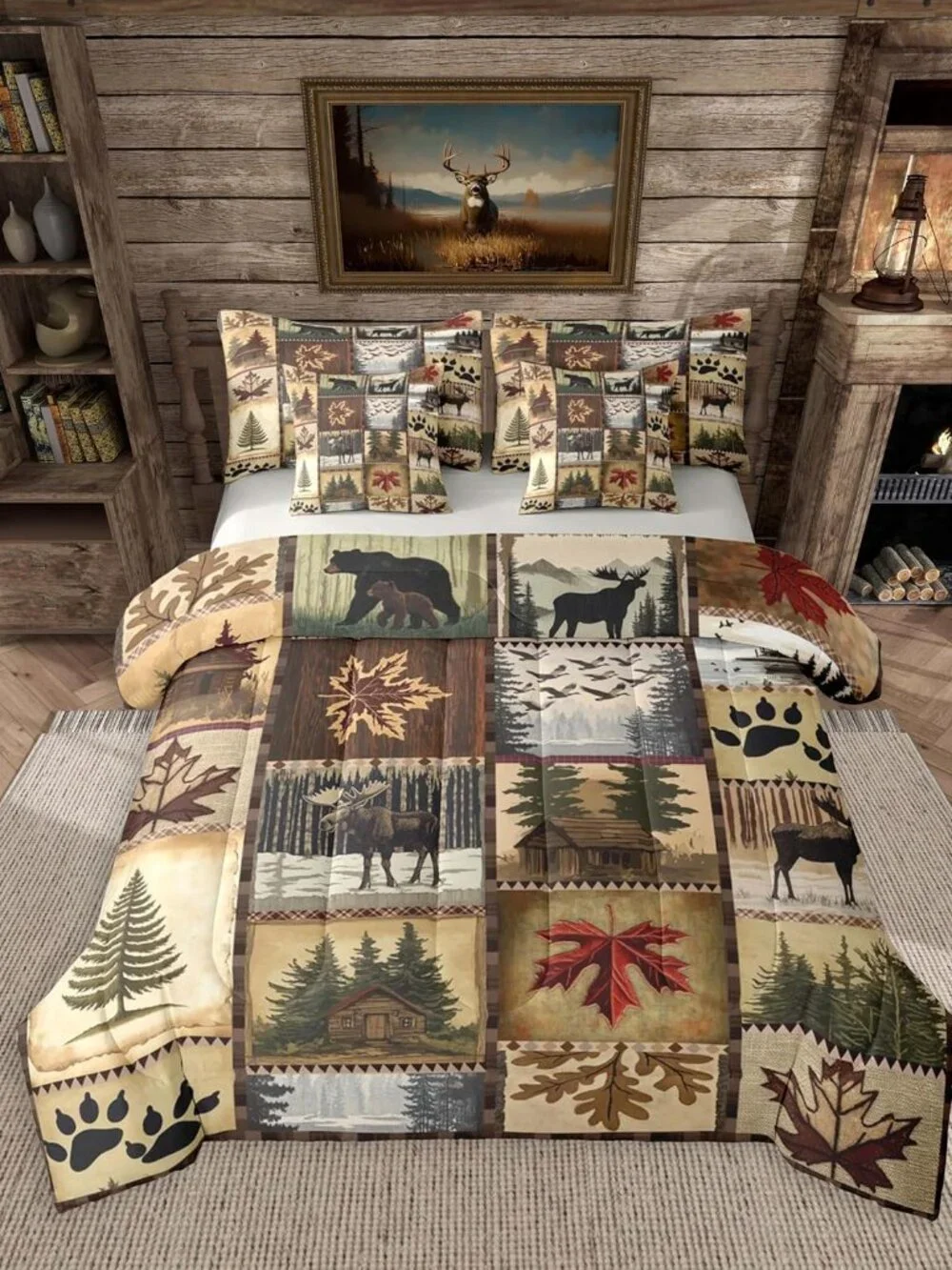 Lodge Queen Comforter Set with Sheets for Kids Boys Girls Cabin Rustic Moose 7 P